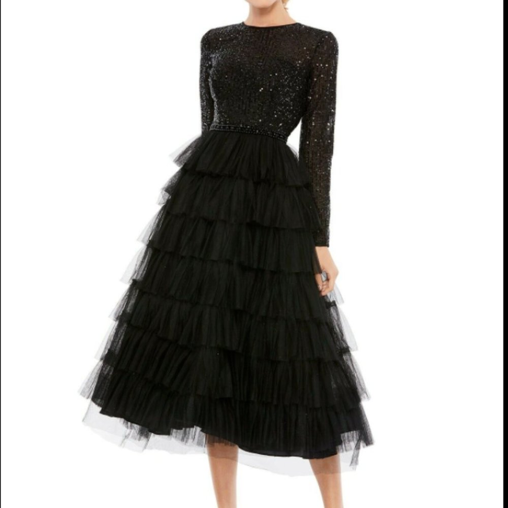 MAC DUGGAL SEQUIN BODICE LONG SLEEVE TIERED RUFFLE BLACK MIDI DRESS sz 2